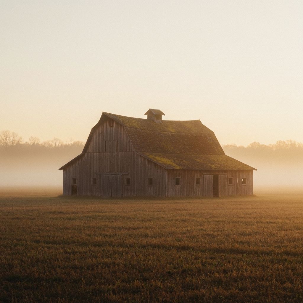 A weathered barn in a Tennessee field at dawn