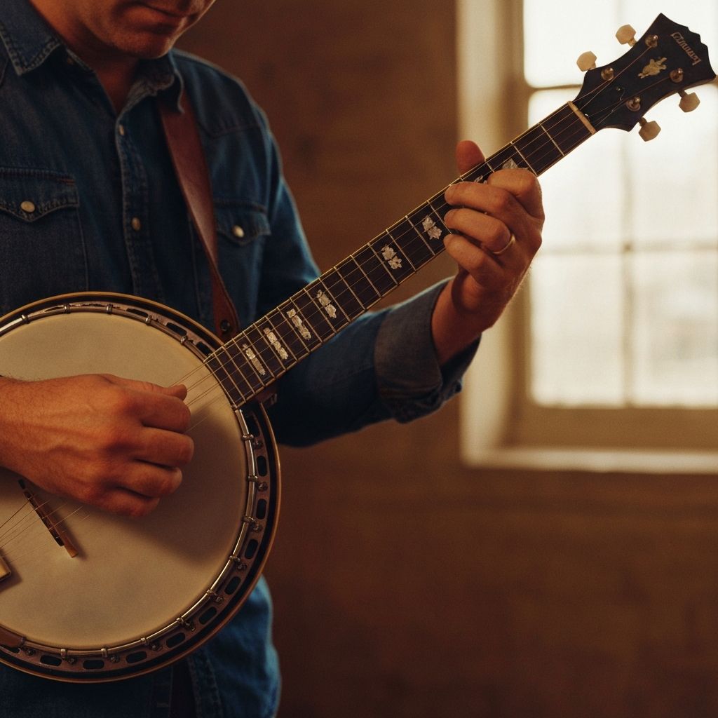 Close-up of Michael Rix's hands on a five-string banjo